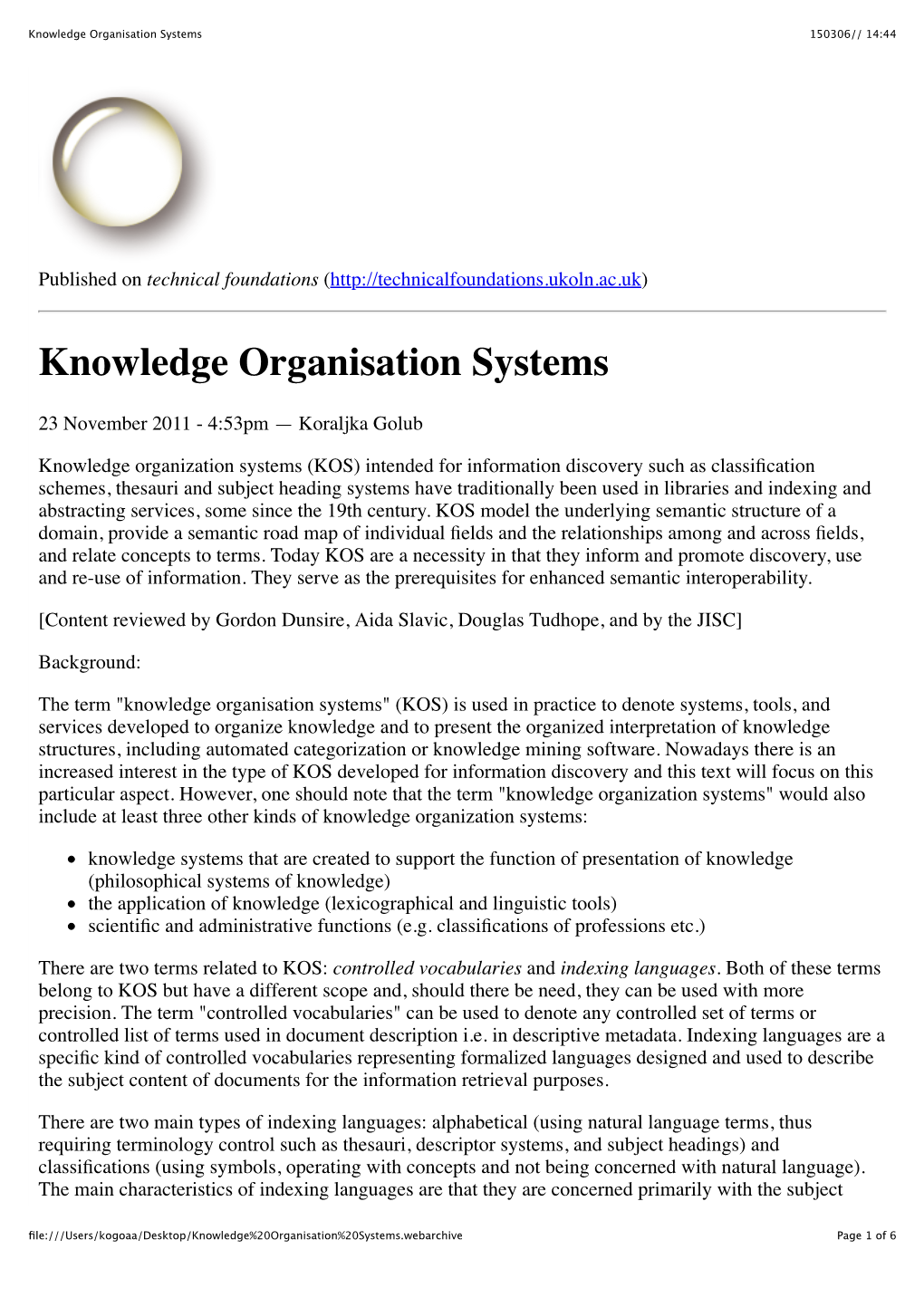 Knowledge Organisation Systems 150306// 14:44
