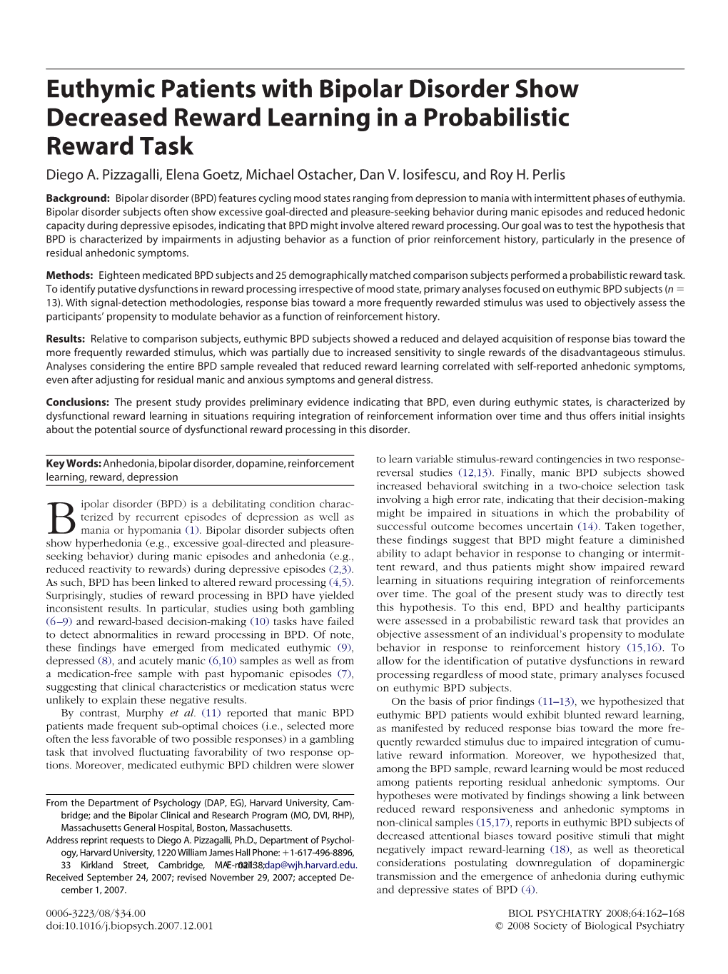 Euthymic Patients with Bipolar Disorder Show Decreased Reward Learning in a Probabilistic Reward Task Diego A