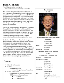 Ban Ki-Moon from Wikipedia, the Free Encyclopedia This Is a Korean Name; the Family Name Is Ban