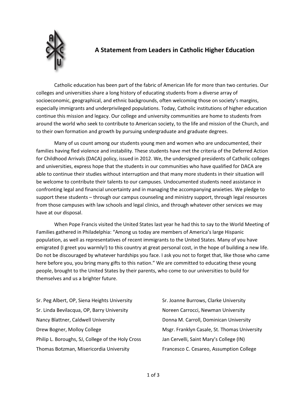 A Statement from Leaders in Catholic Higher Education