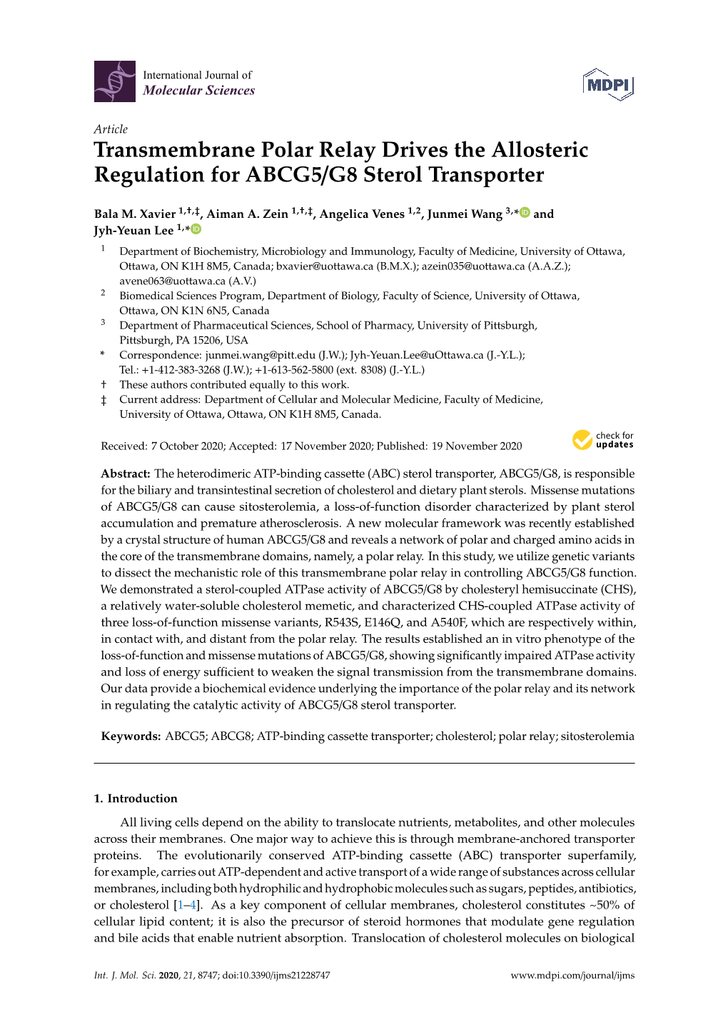Transmembrane Polar Relay Drives the Allosteric Regulation for ABCG5/G8 Sterol Transporter