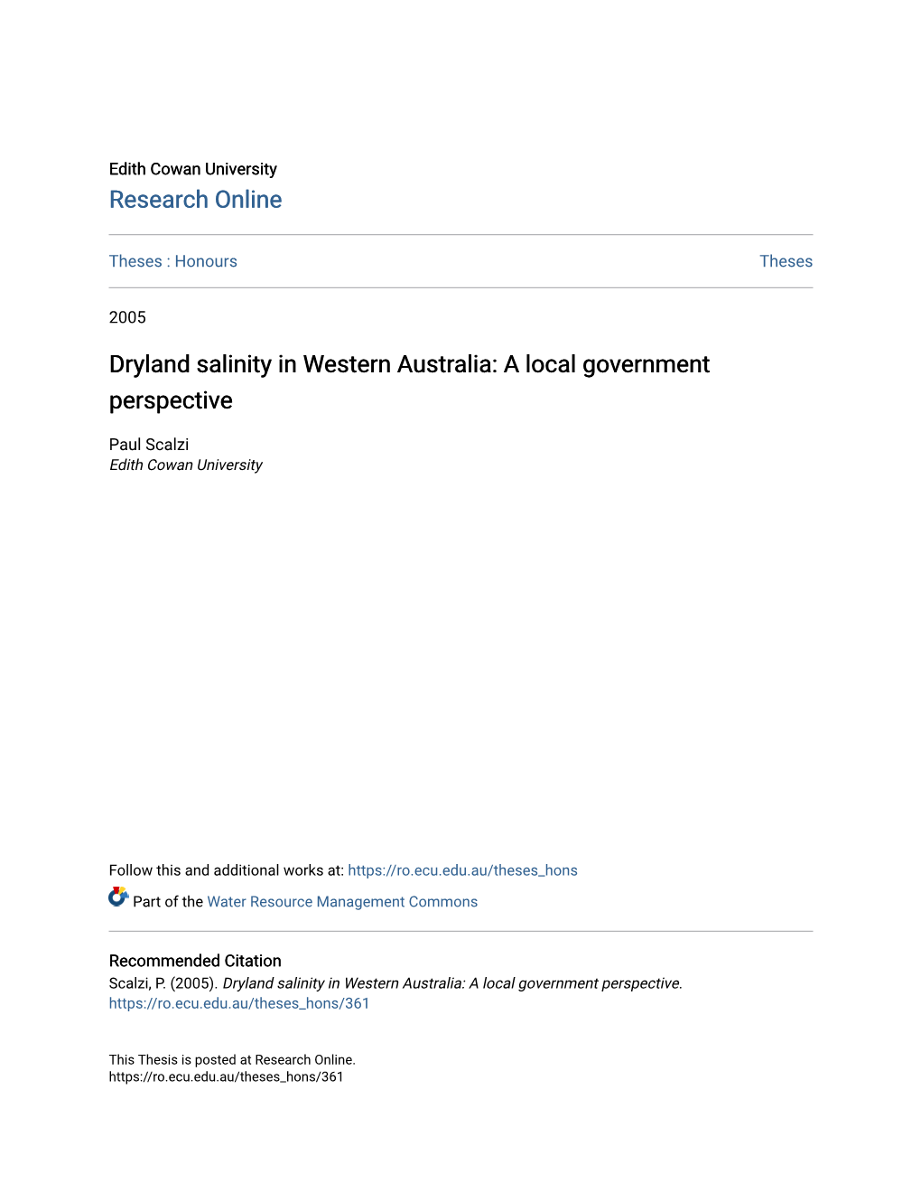 Dryland Salinity in Western Australia: a Local Government Perspective