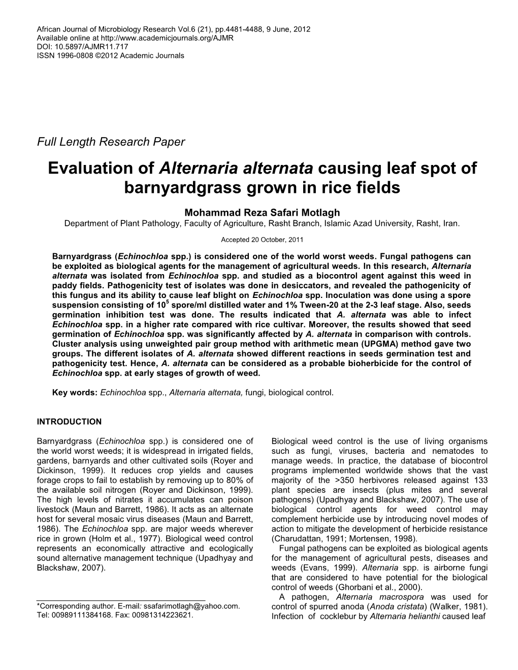 Evaluation of Alternaria Alternata As Biological Control Agent Of