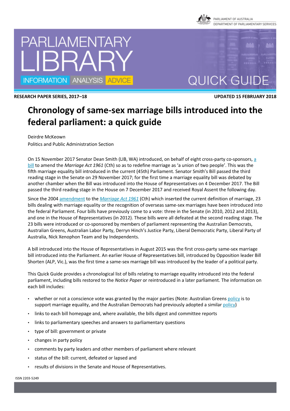 Chronology of Same-Sex Marriage Bills Introduced Into the Federal Parliament: a Quick Guide