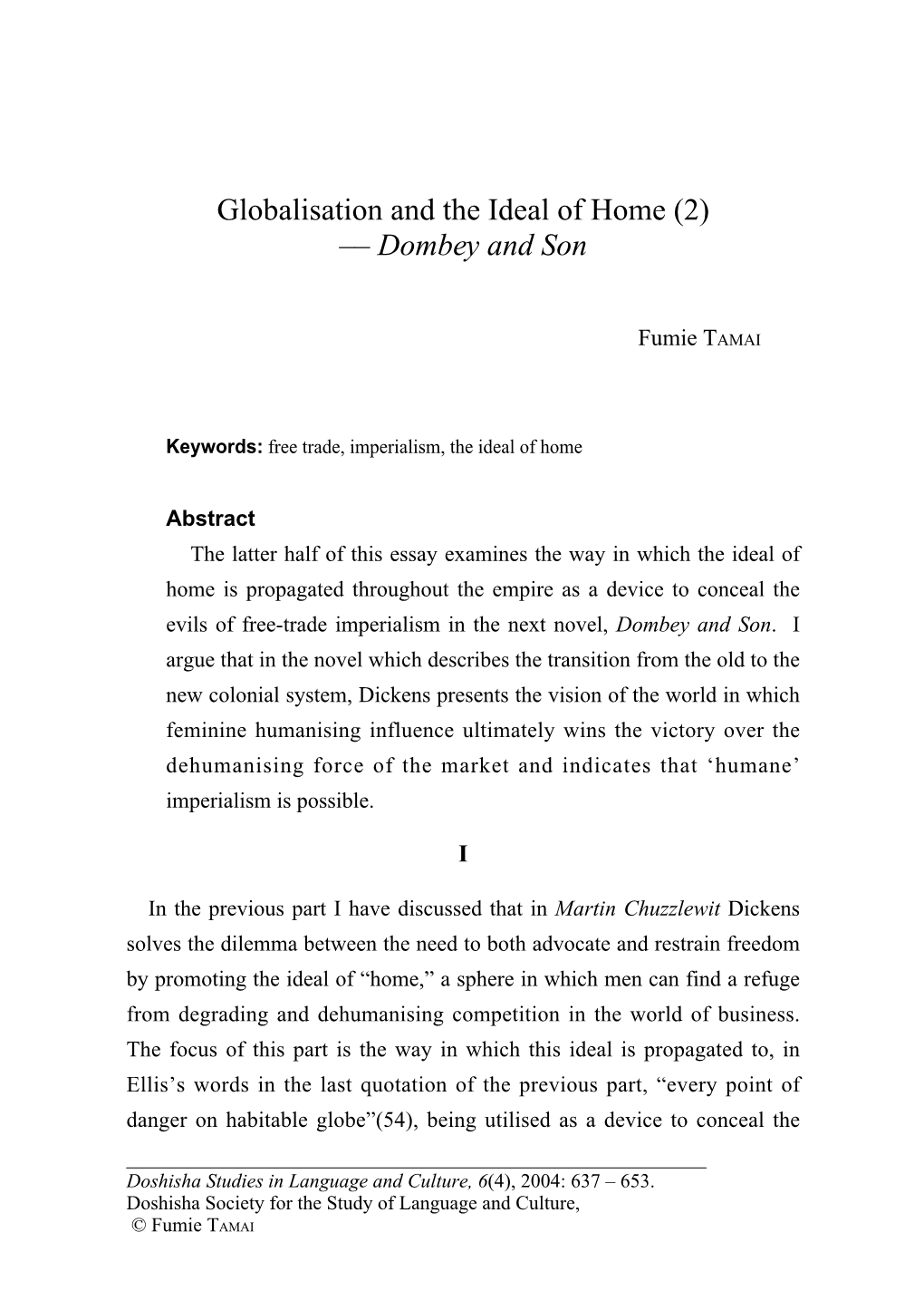 Globalisation and the Ideal of Home (2) –– Dombey And