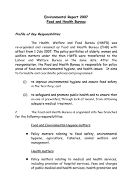 Environmental Report 2007 Food and Health Bureau Profile of Key