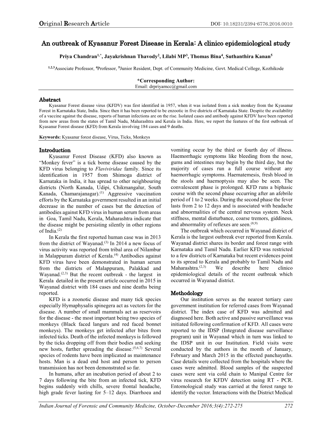 An Outbreak of Kyasanur Forest Disease in Kerala: a Clinico Epidemiological Study