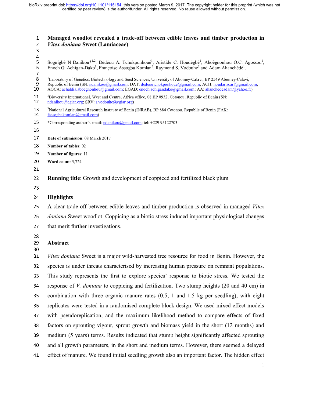 Managed Woodlot Revealed a Trade-Off Between Edible Leaves and Timber Production in 2 Vitex Doniana Sweet (Lamiaceae) 3 4 5 Sognigbé N’Danikou*1,2, Dèdéou A