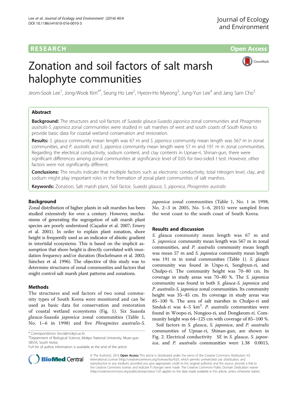 Zonation and Soil Factors of Salt Marsh Halophyte Communities Jeom-Sook Lee1, Jong-Wook Kim4*, Seung Ho Lee2, Hyeon-Ho Myeong3, Jung-Yun Lee4 and Jang Sam Cho5