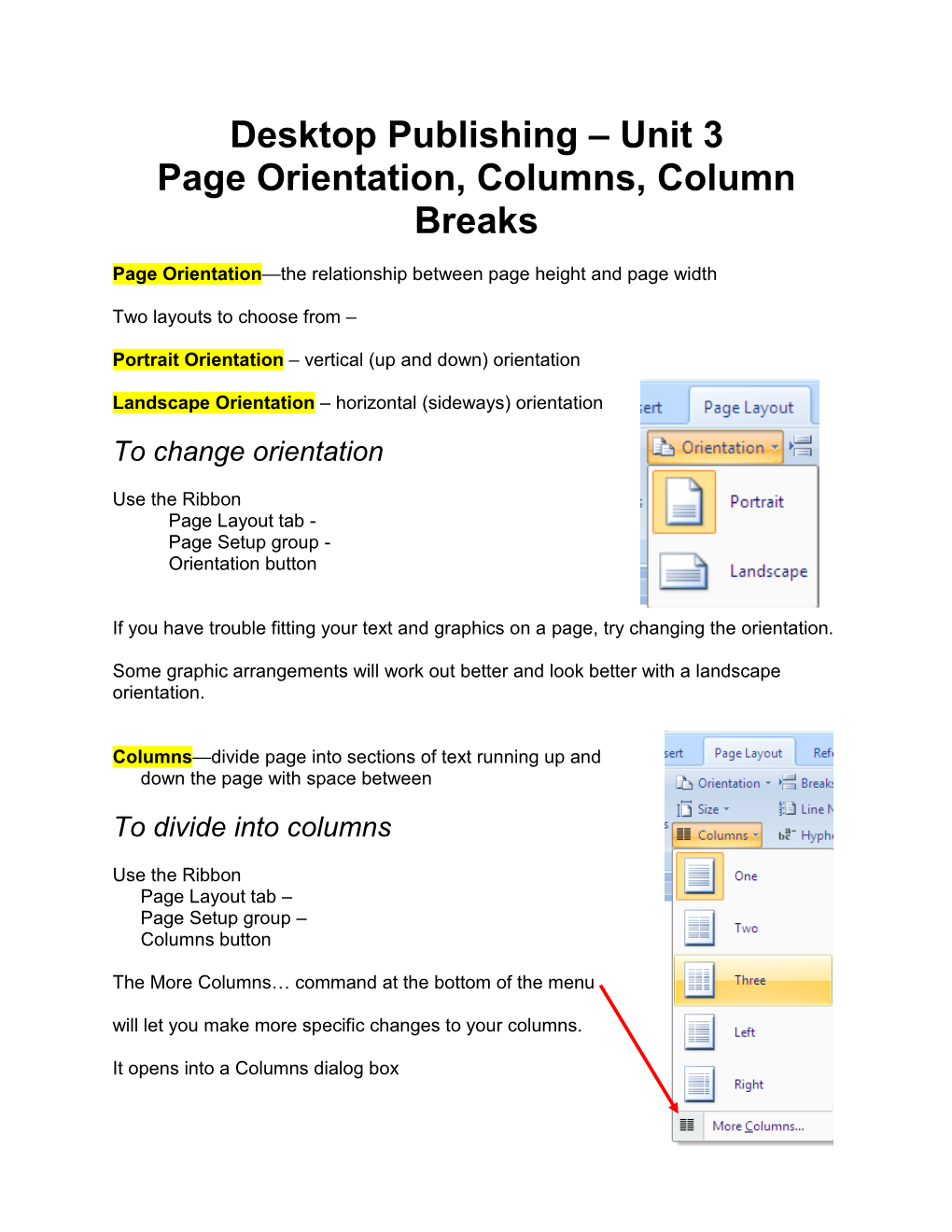 Desktop Publishing – Unit 3 Page Orientation, Columns, Column Breaks
