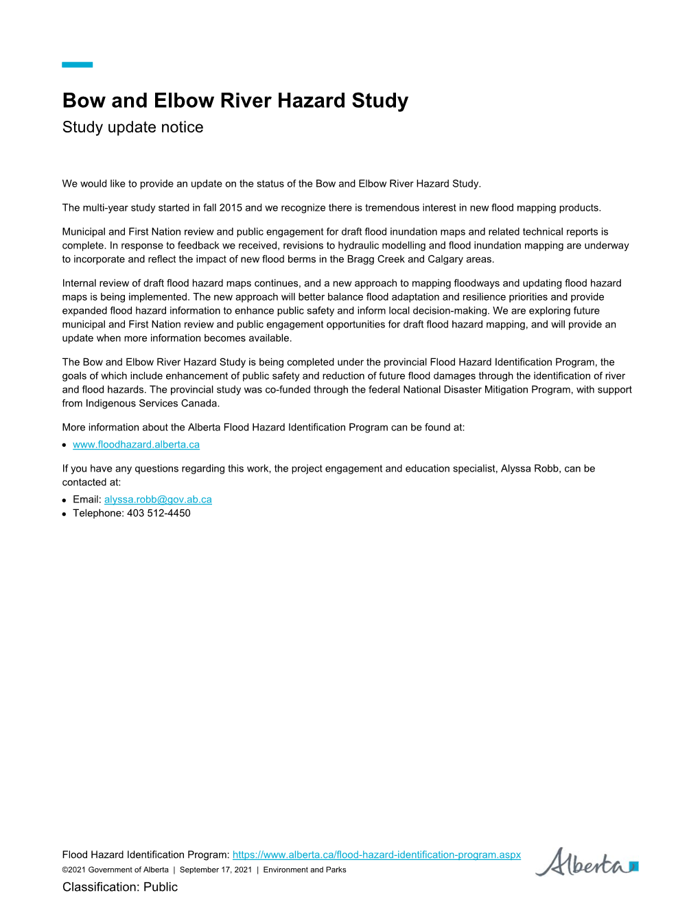 Bow and Elbow River Hazard Study Update Notice
