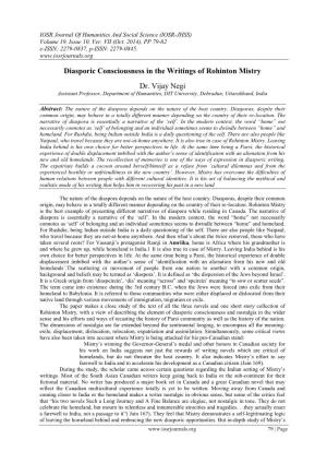 Diasporic Consciousness in the Writings of Rohinton Mistry Dr. Vijay