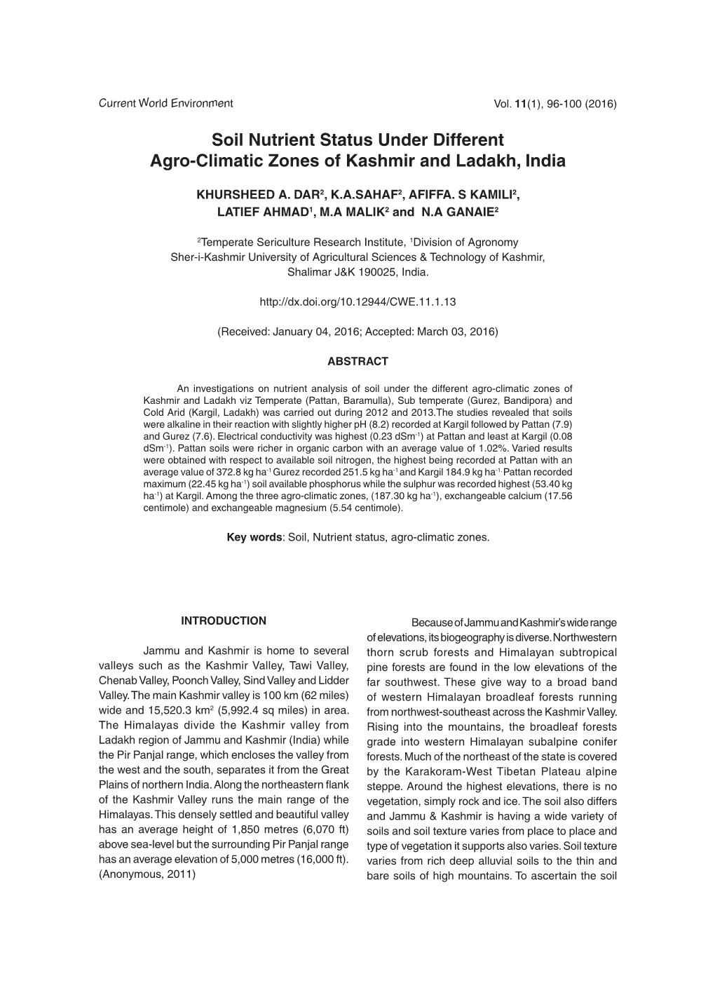 Soil Nutrient Status Under Different Agro-Climatic Zones of Kashmir and Ladakh, India