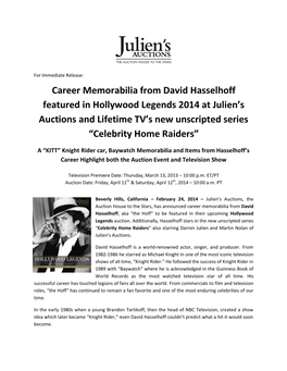 Career Memorabilia from David Hasselhoff Featured in Hollywood Legends 2014 at Julien’S Auctions and Lifetime TV’S New Unscripted Series “Celebrity Home Raiders”
