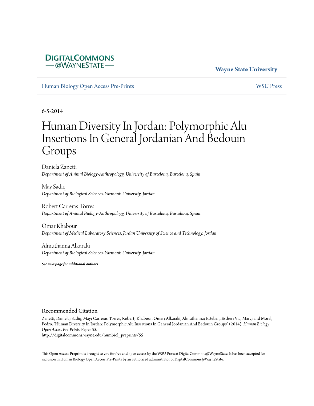 Human Diversity in Jordan: Polymorphic Alu Insertions In