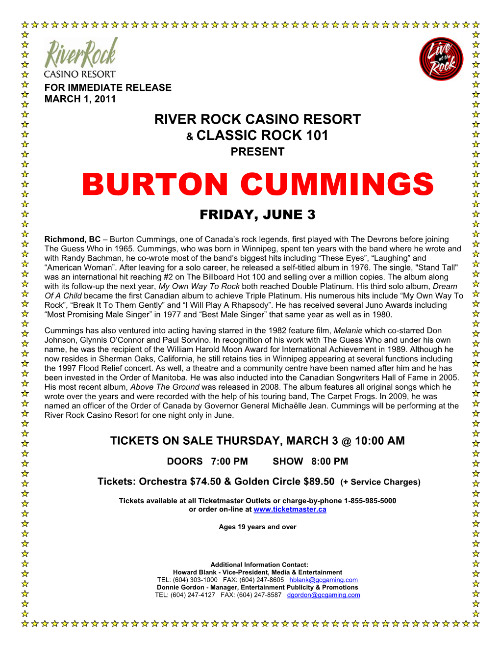 Burton Cummings Friday, June 3