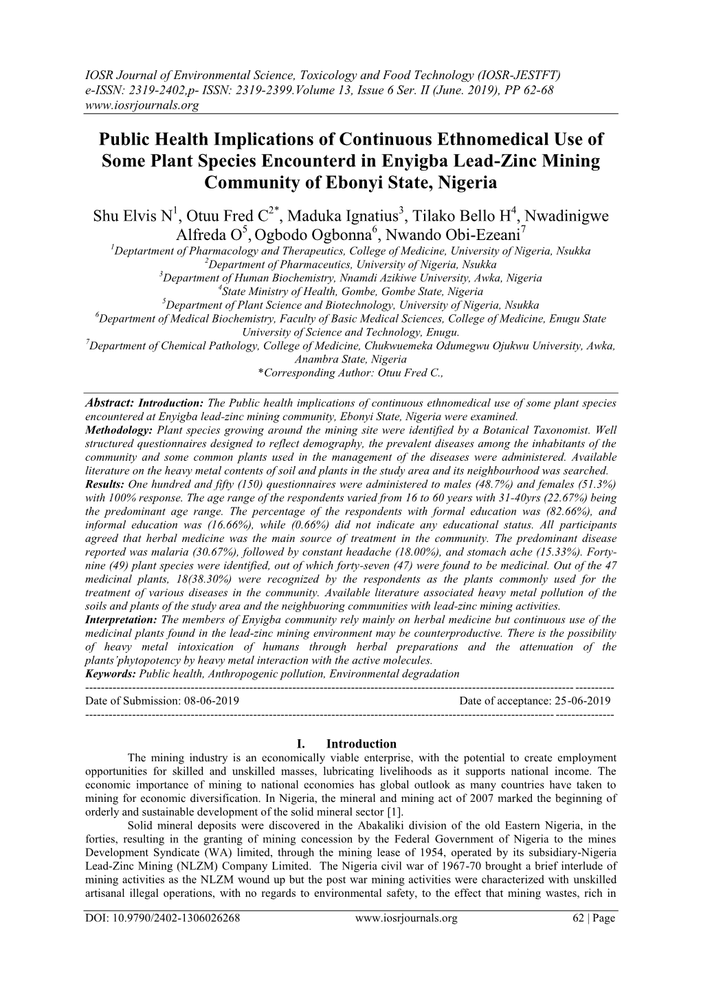 Public Health Implications of Continuous Ethnomedical Use of Some Plant Species Encounterd in Enyigba Lead-Zinc Mining Community of Ebonyi State, Nigeria