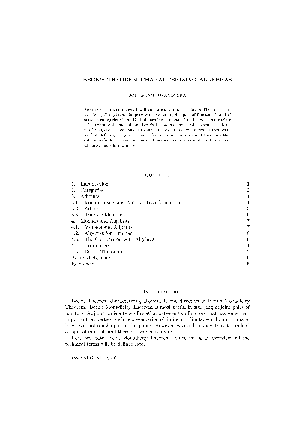 Beck's Theorem Characterizing Algebras