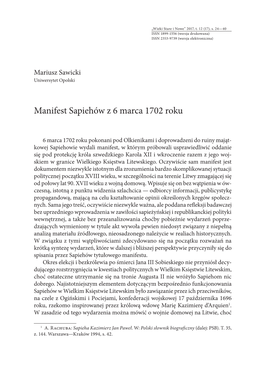 Manifest Sapiehów Z 6 Marca 1702 Roku