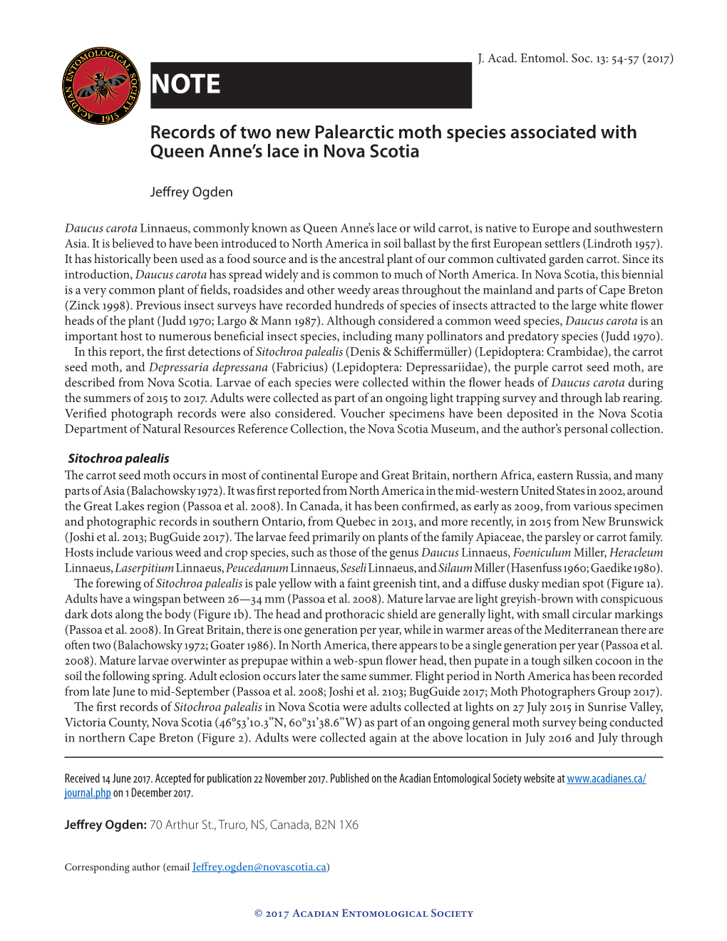 Records of Two New Palearctic Moth Species Associated with Queen Anne’S Lace in Nova Scotia