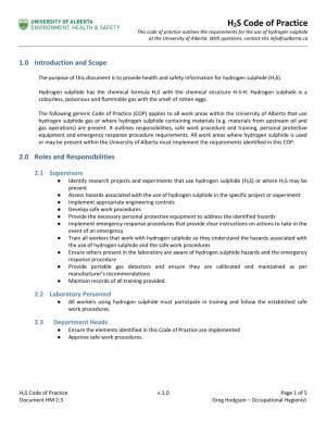 H2S Code of Practice This Code of Practice Outlines the Requirements for the Use of Hydrogen Sulphide at the University of Alberta