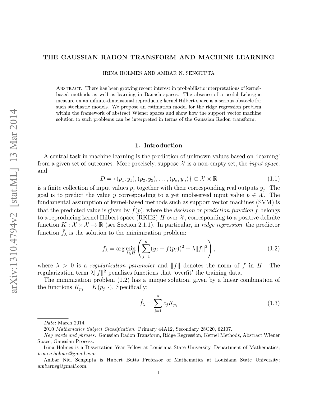 The Gaussian Radon Transform and Machine Learning