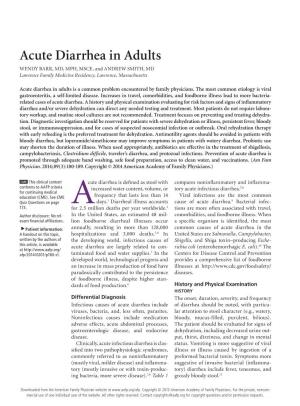 Acute Diarrhea in Adults WENDY BARR, MD, MPH, MSCE, and ANDREW SMITH, MD Lawrence Family Medicine Residency, Lawrence, Massachusetts