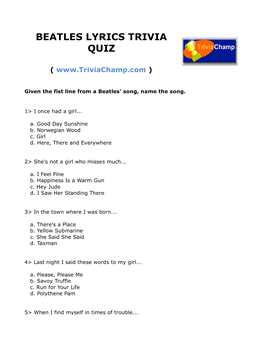 Beatles Lyrics Trivia Quiz