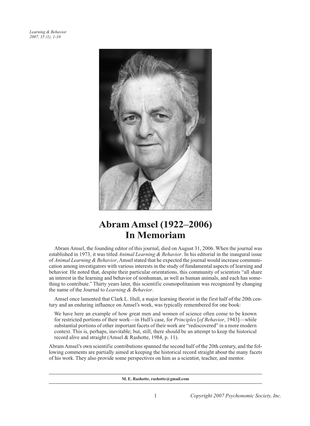 Abram Amsel (1922&#X2013;2006) in Memoriam