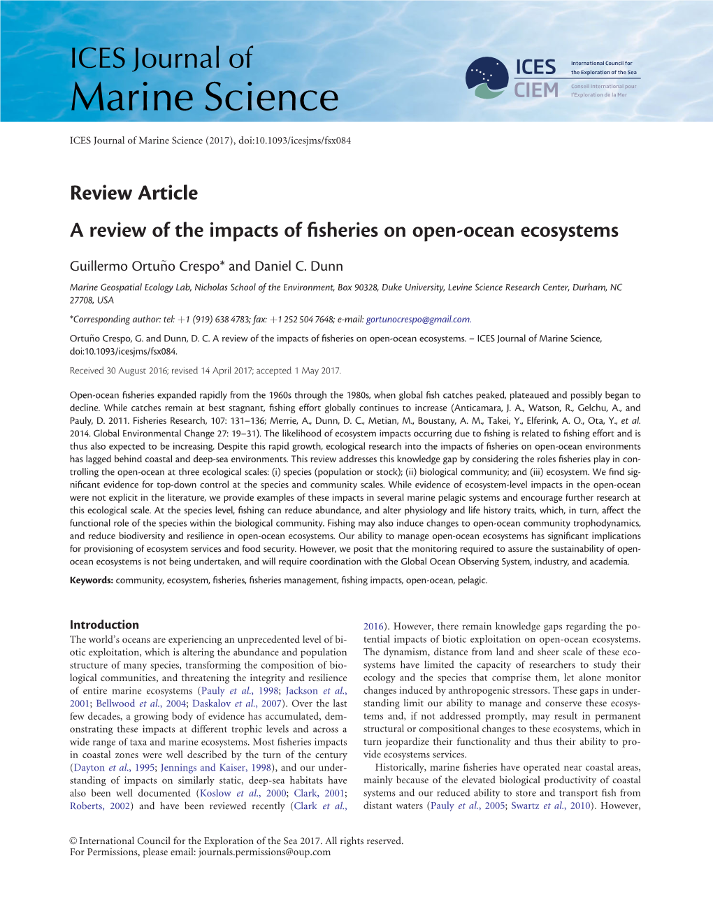 Review Article a Review of the Impacts of Fisheries on Open-Ocean