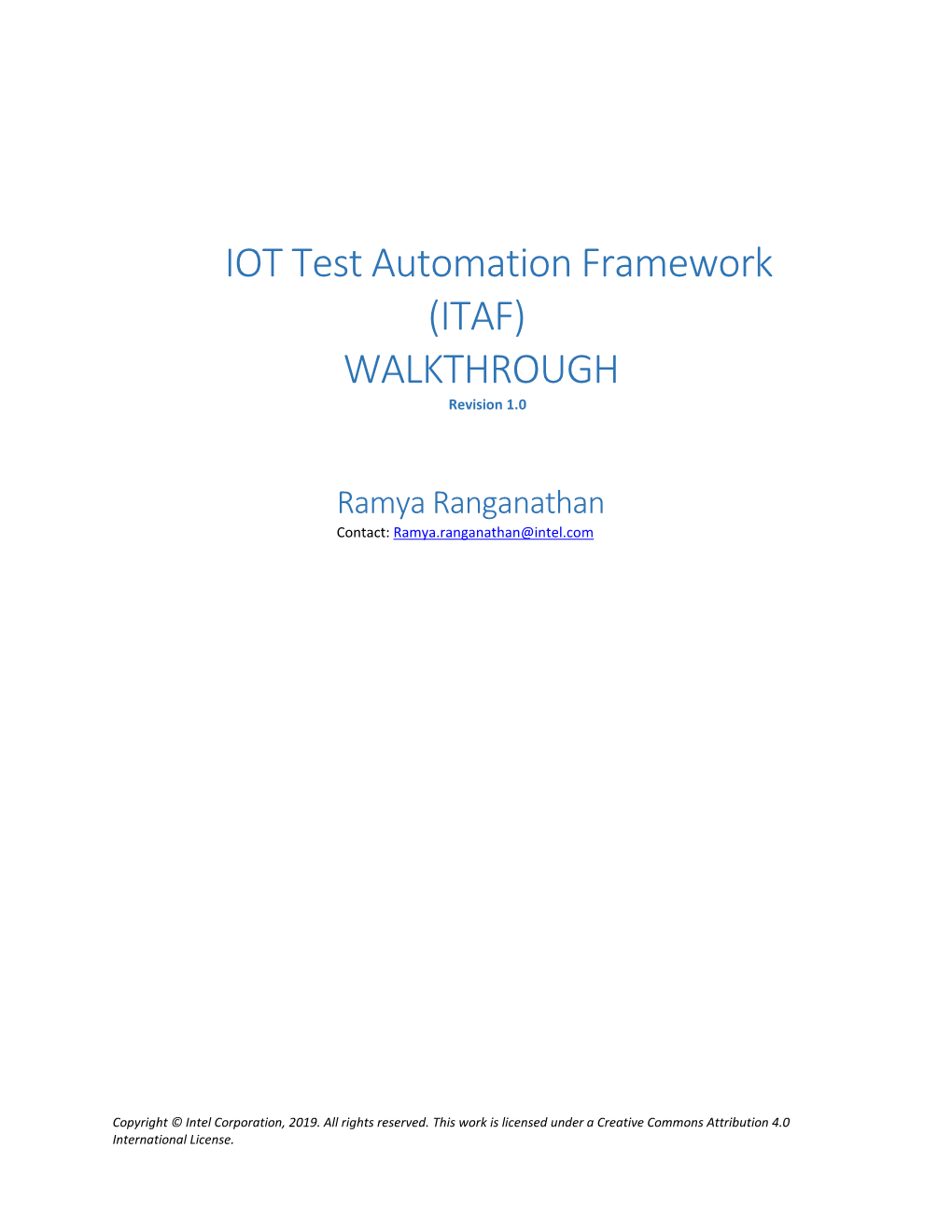 IOT Test Automation Framework (ITAF) WALKTHROUGH Revision 1.0