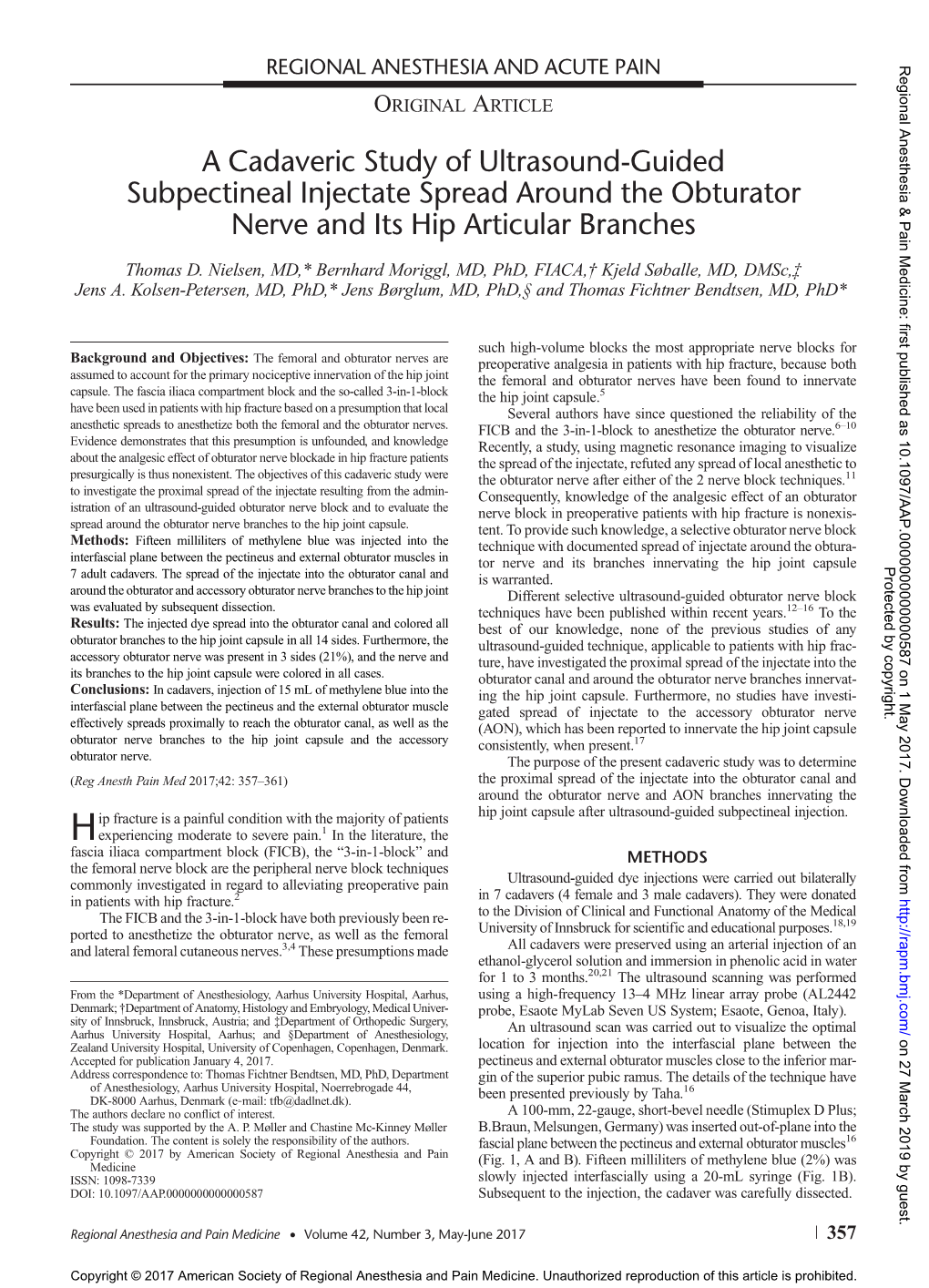 A Cadaveric Study of Ultrasound-Guided Subpectineal Injectate Spread Around the Obturator Nerve and Its Hip Articular Branches