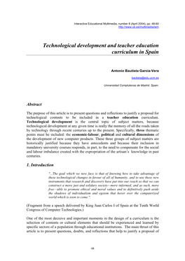 Technological Development and Teacher Education Curriculum in Spain