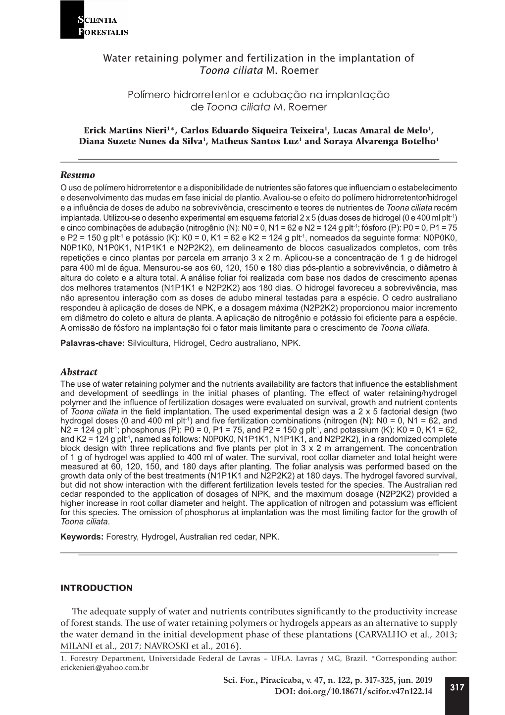 Water Retaining Polymer and Fertilization in the Implantation of Toona Ciliata M