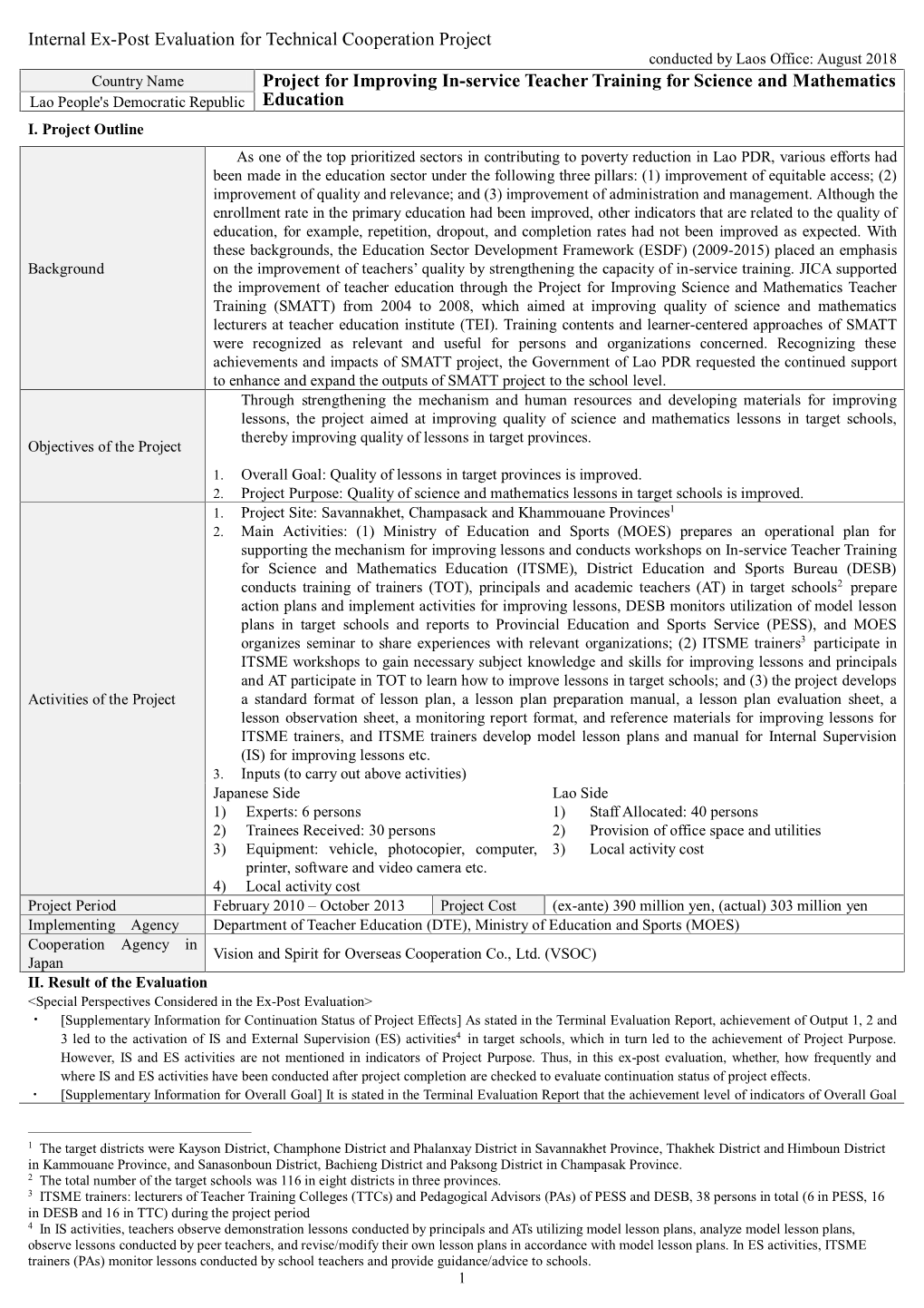 Internal Ex-Post Evaluation for Technical Cooperation Project