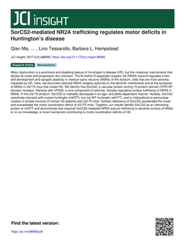 Sorcs2-Mediated NR2A Trafficking Regulates Motor Deficits in Huntington’S Disease