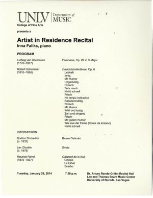 MUSIC Artist in Residence Recital Inna Faliks, Piano
