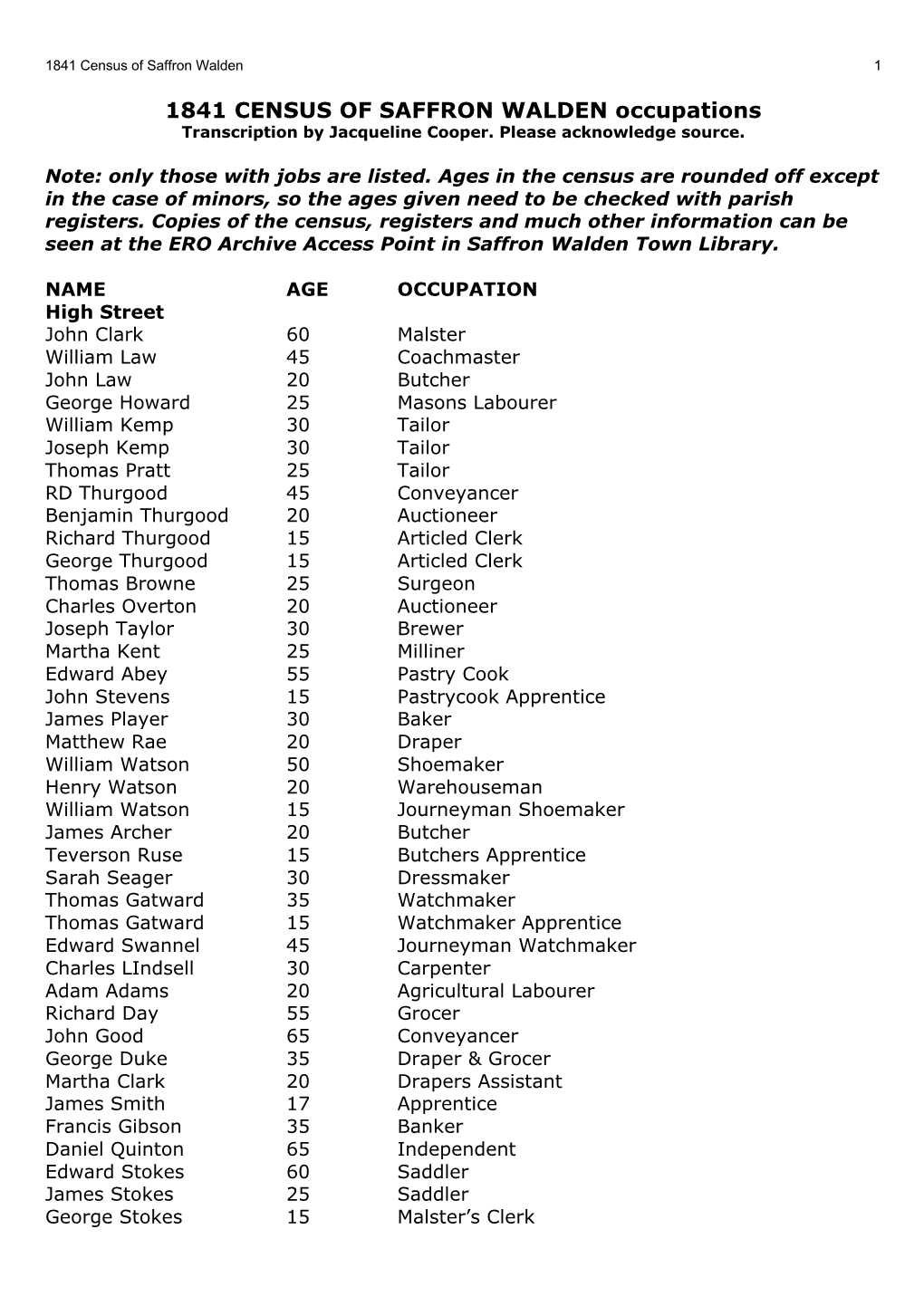 1841 CENSUS of SAFFRON WALDEN Occupations Transcription by Jacqueline Cooper