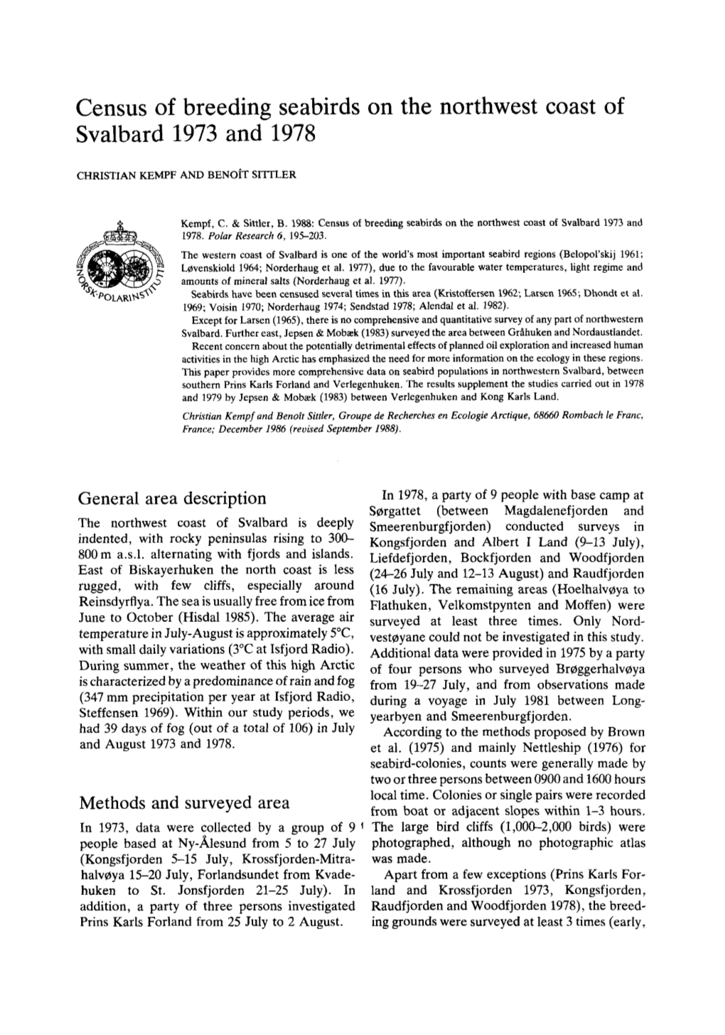 Census of Breeding Seabirds on the Northwest Coast of Svalbard 1973 and 1978