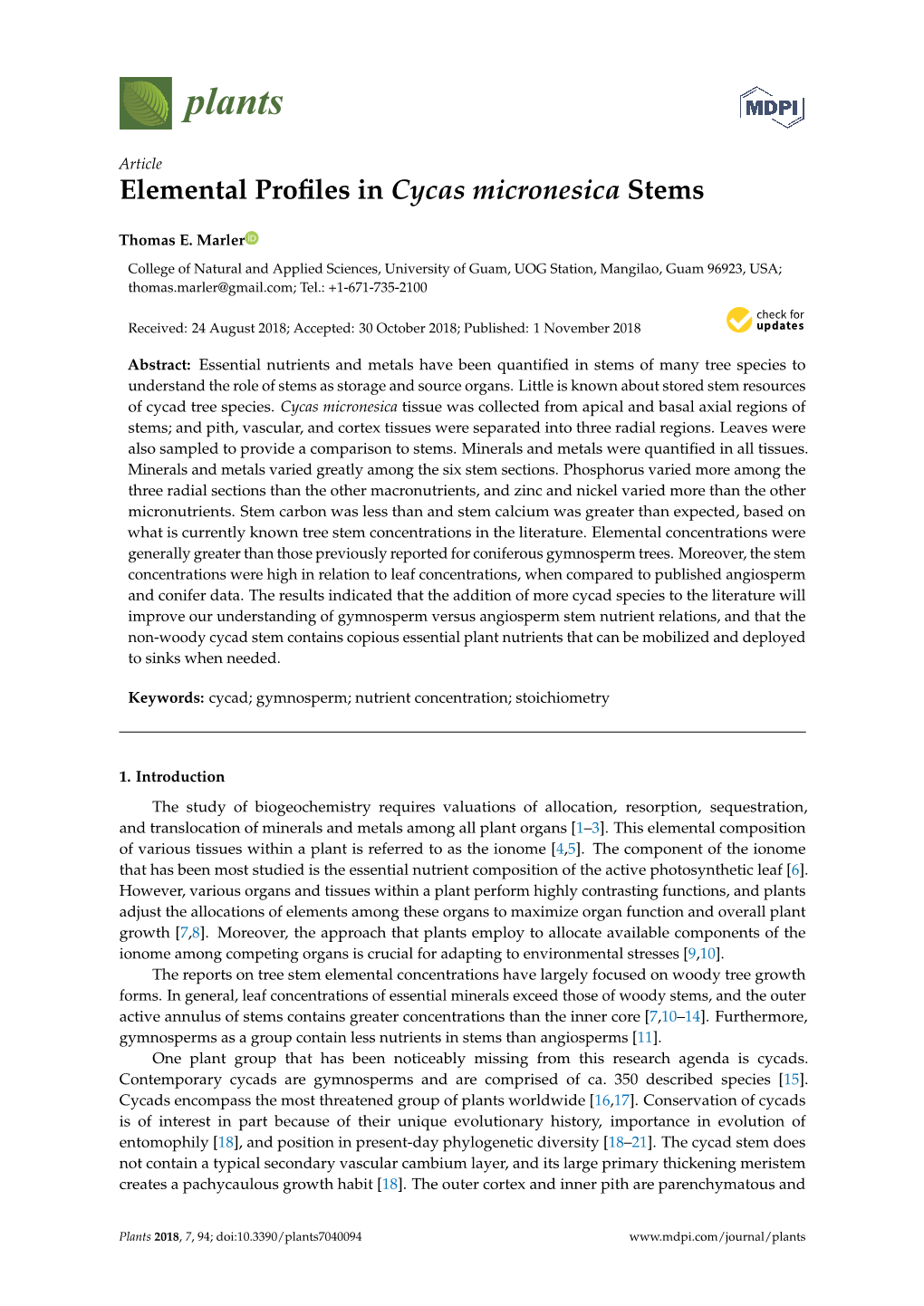 Elemental Profiles in Cycas Micronesica Stems