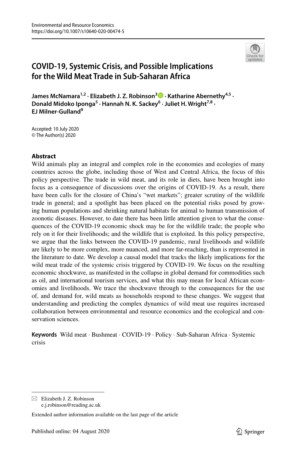 COVID-19, Systemic Crisis, and Possible Implications for the Wild Meat Trade in Sub-Saharan Africa