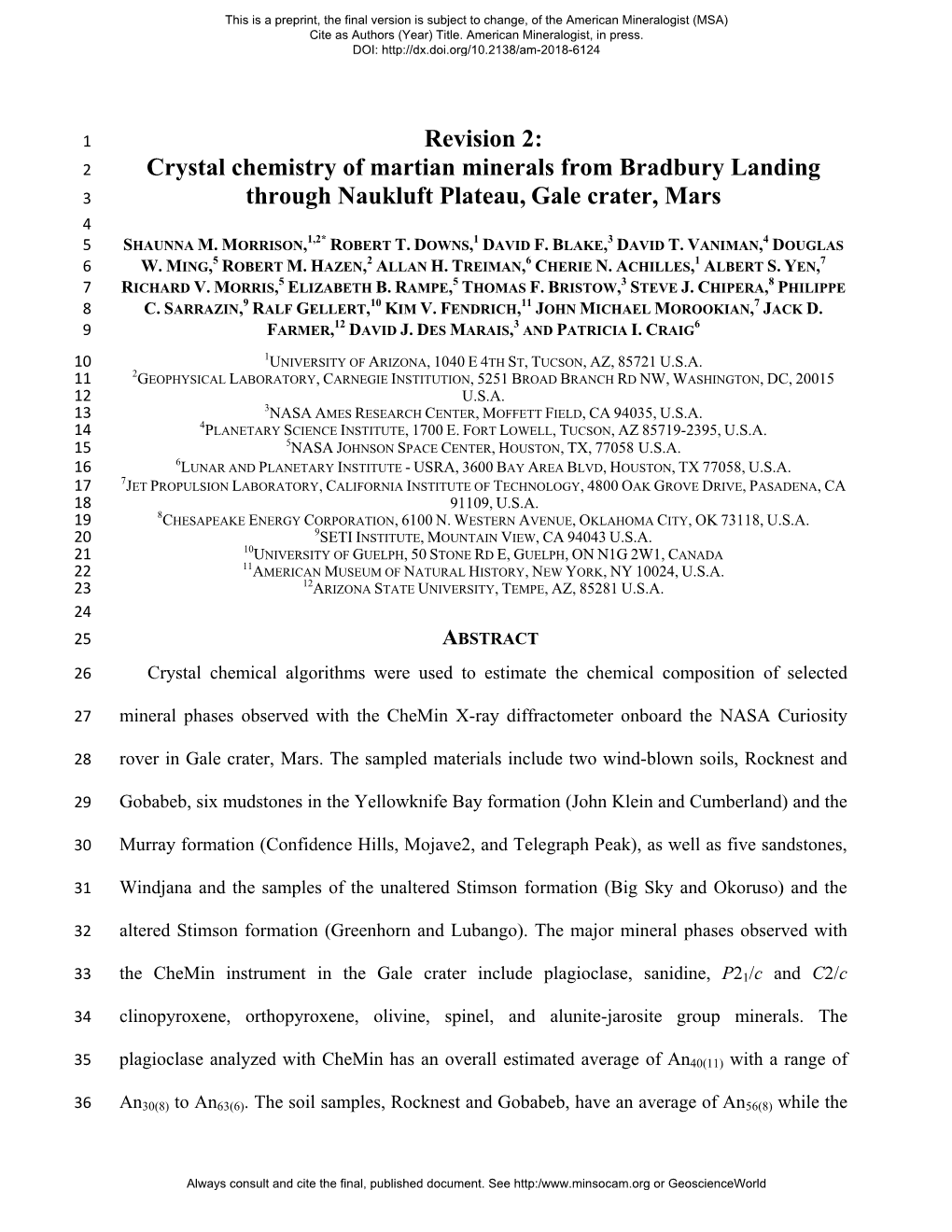 Crystal Chemistry of Martian Minerals from Bradbury Landing Through