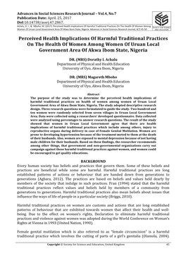 Perceived Health Implications of Harmful Traditional Practices on the Health of Women Among Women of Uruan Local Government Area of Akwa Ibom State, Nigeria