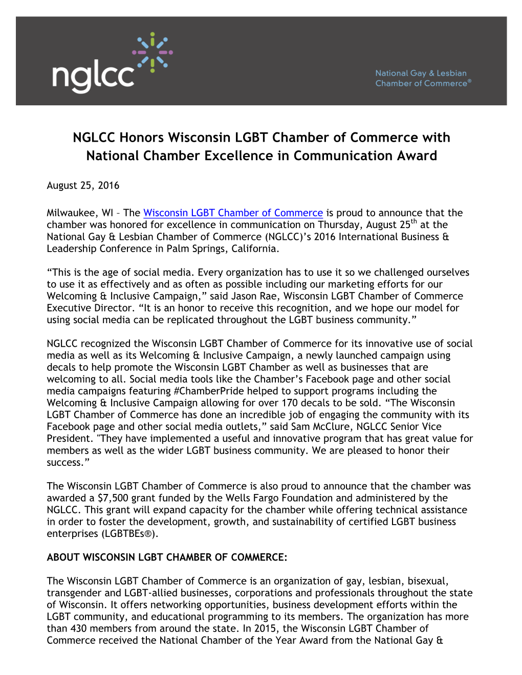 NGLCC Honors Wisconsin LGBT Chamber of Commerce with National Chamber Excellence in Communication Award