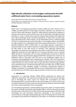 High-Density Cultivation of Microalgae Continuously Fed with Unfiltered Water from a Recirculating Aquaculture System