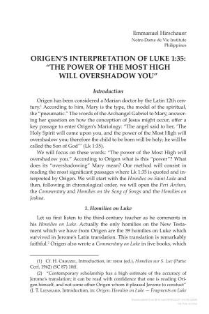 Origen's Interpretation of Luke 1:35: “The Power of the Most High Will