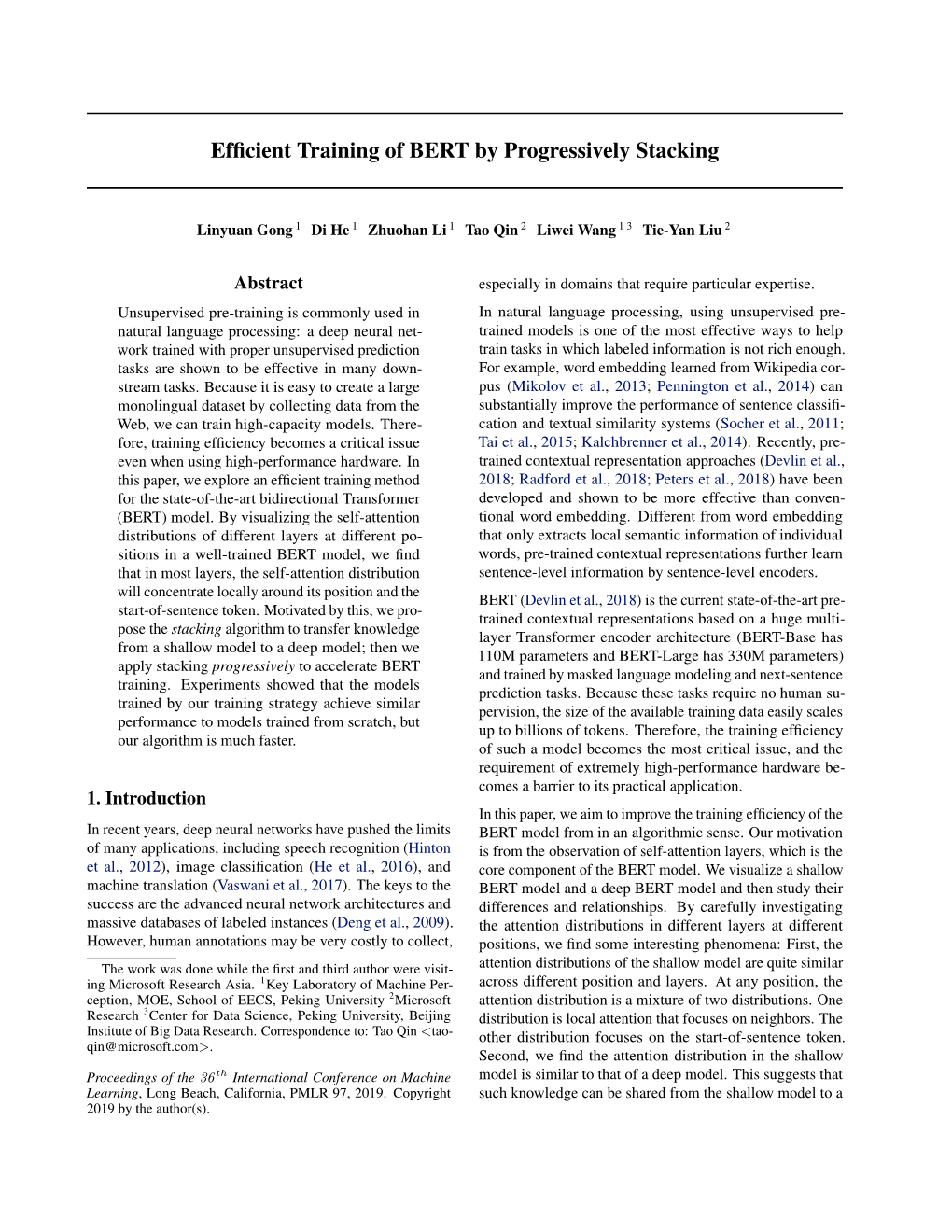 Efficient Training of BERT by Progressively Stacking