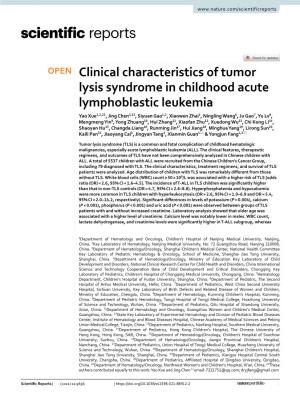 Clinical Characteristics of Tumor Lysis Syndrome in Childhood Acute Lymphoblastic Leukemia