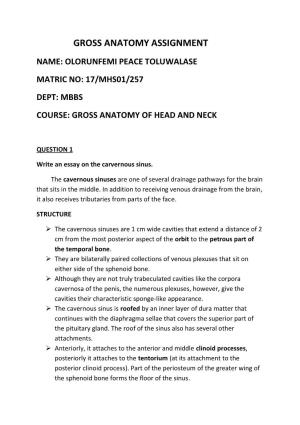 Gross Anatomy Assignment Name: Olorunfemi Peace Toluwalase Matric No: 17/Mhs01/257 Dept: Mbbs Course: Gross Anatomy of Head and Neck