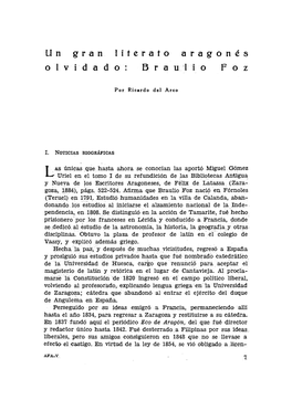 1. El Gran Literato Aragonés Olvidado: Braulio Foz, Por Ricardo Del Arco